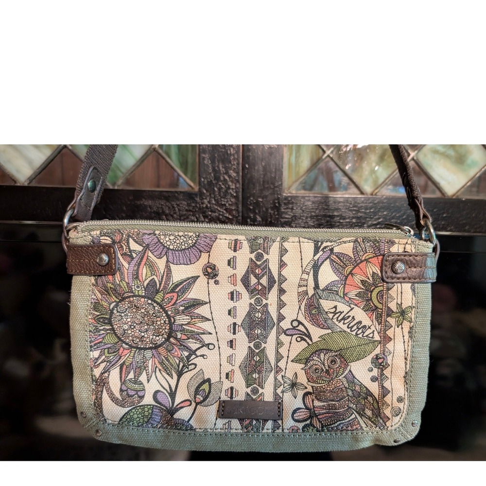 Sakroots Crossbody Bag Sage Green Spirit Desert Owl Floral Triple Gusset boho